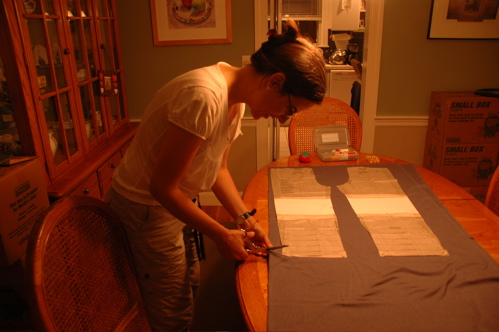 Jane cutting fabric for Grace's faux jeans
