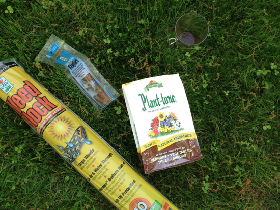supplies: landscaper's cloth, staples, fertilizer, and espresso